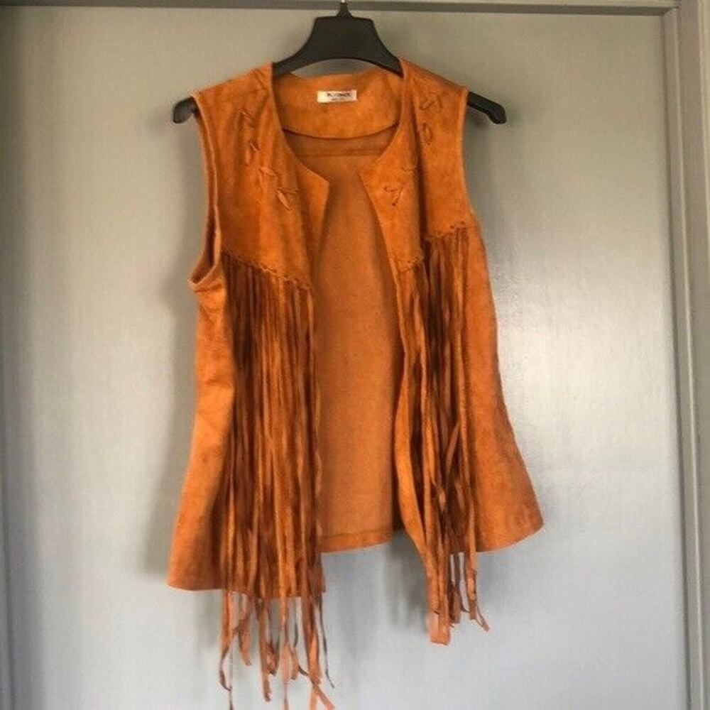 Hotouch Rust Faux Suede Fringe Open Front Vest Western Boho Size Large